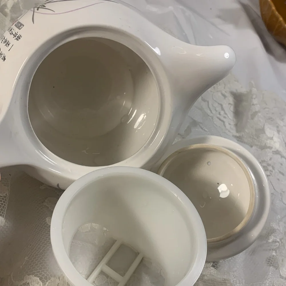 Chinese White Ceramic 3 Piece Teapot with Calligraphy  Poem and Floral Design